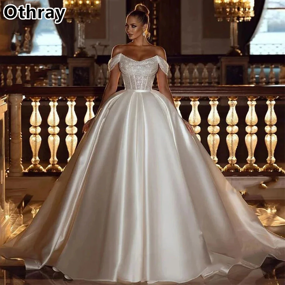 Othray Gorgeous Off the Shoulder Wedding Dresses 2025 Sequins Beads Princess Dubai Bride Gowns Satin Vestido De Noiva Robe плать