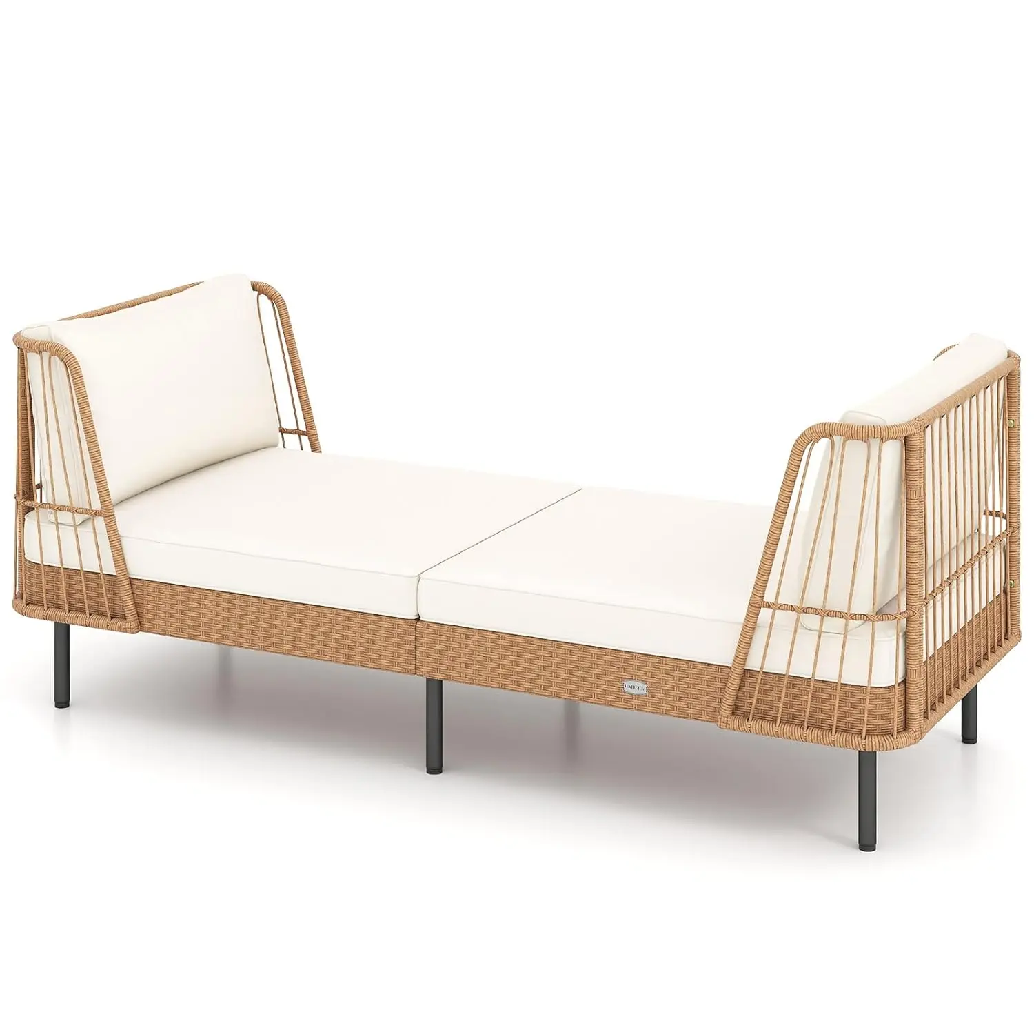 Patio Rattan Daybed, Boho Outdoor Wicker Lounge Sofa with Seat & Back Cushions, 2-Seat Bench Sun Lounger Chair with, Customized