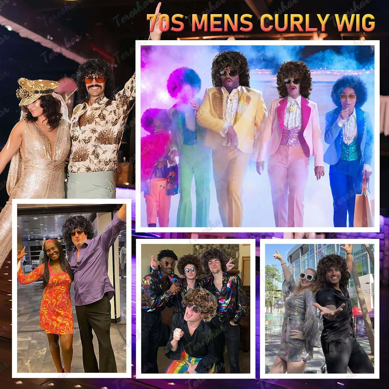 Synthetic 80s Short Jerry Curly Wig for Men with Mustache Glasses and Chain 70s Mullet Wig for Rocker Cosplay(Black,Brown Wig) image 5
