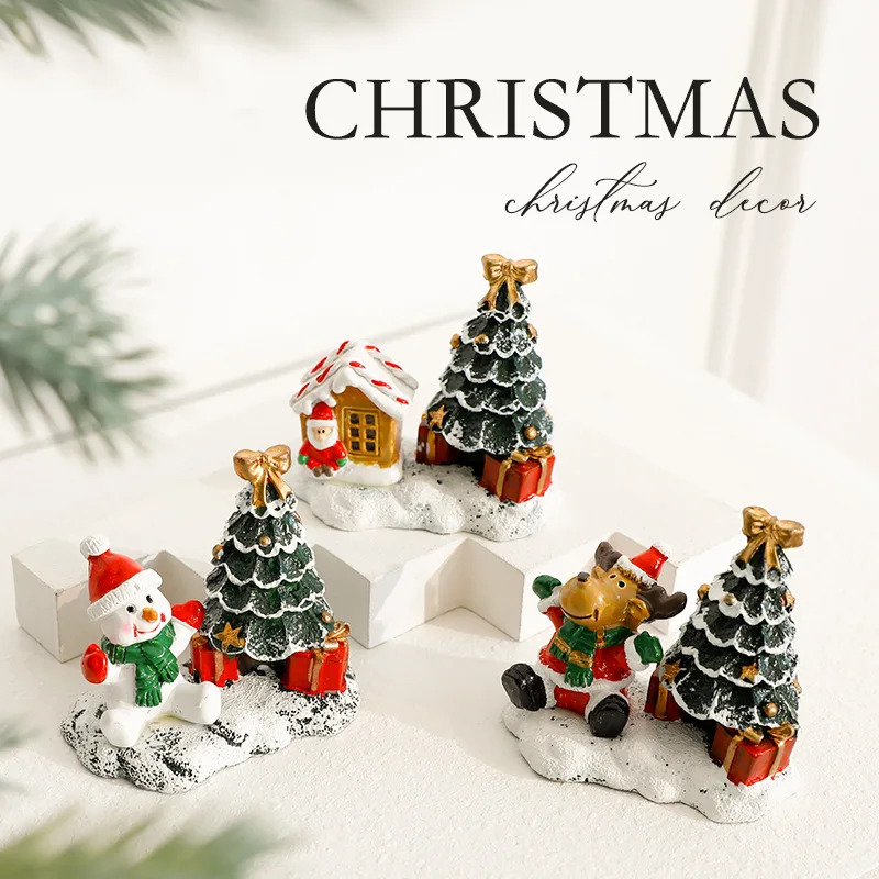 

Christmas Village Resin Figurines House Micro Landscape Merry Christmas Home Table Ornaments New Year Holiday Decoration Gifts