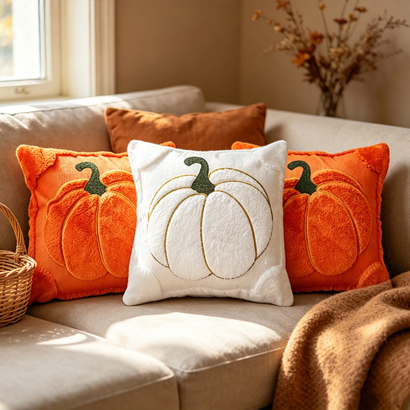 Halloween Throw Pillow Cover Plush Faux Fur 18x18inch Pumpkin Ghost Embroidery Hidden Zipper Bedroom Cushion Cover for Sofa Couc