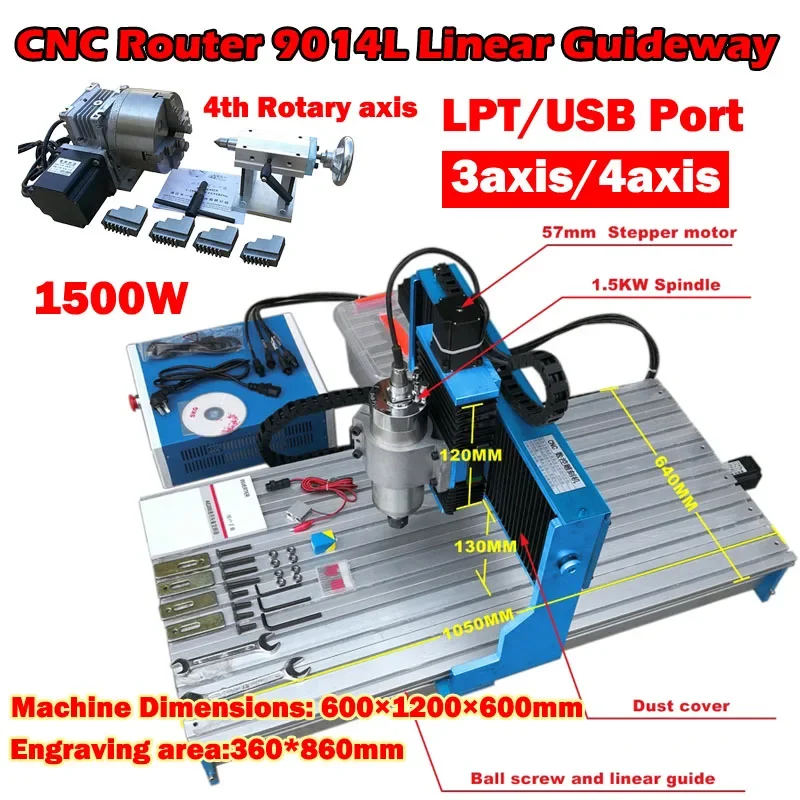 

Metal Engraver Linear Guideway CNC Router 9014L 3Axis 4 Axis Aluminum Woodworking Engraving Milling Machine USB LPT Port 1500W