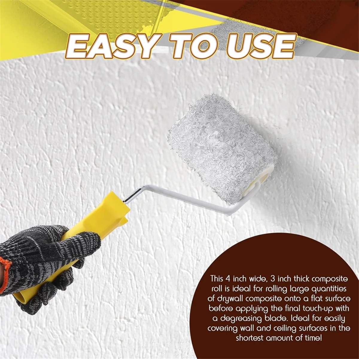A03R 3Pcs 4 Inch Drywall Compound Roller Cover with Paint Frame,Drywall Texture Brush,Mud Roller for Putty,Diatomaceous Earth