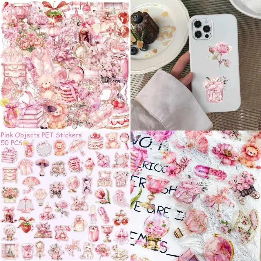 

50PCS Pink Fairy Tale Stickers for Scrapbooking Journaling Transparent Waterproof Cute Aesthetic Stickers Ideal for Laptop Deco