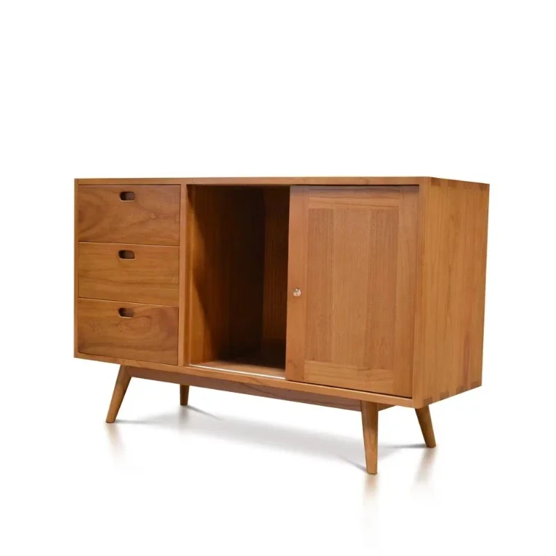 Modern minimalist TV cabinet with solid Mindi tropical wood, with 3 drawers, adjustable height, suitable for family living room