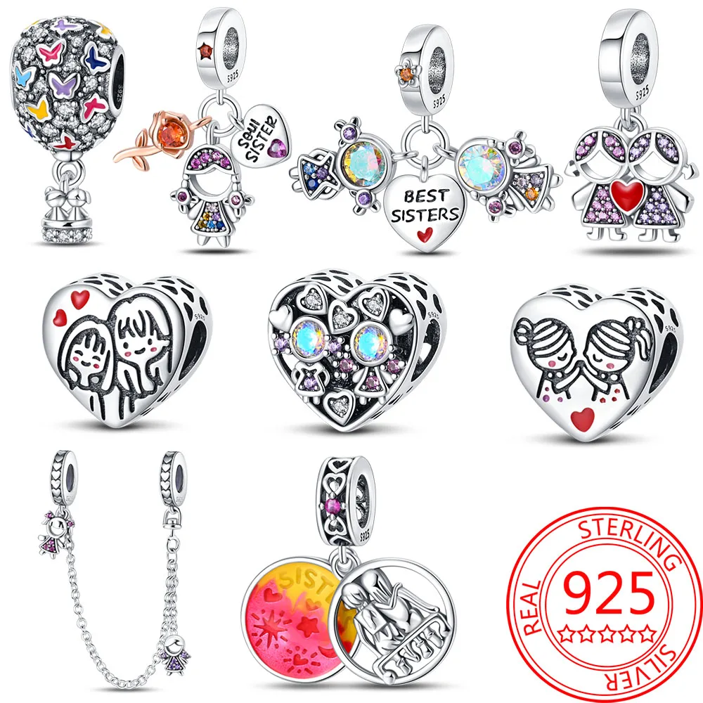 

925 Sterling Silver Little girl sisters&butterfly hot air balloon&heart-s Dangle Charm Fit DIY Bracelet Necklaces Jewel