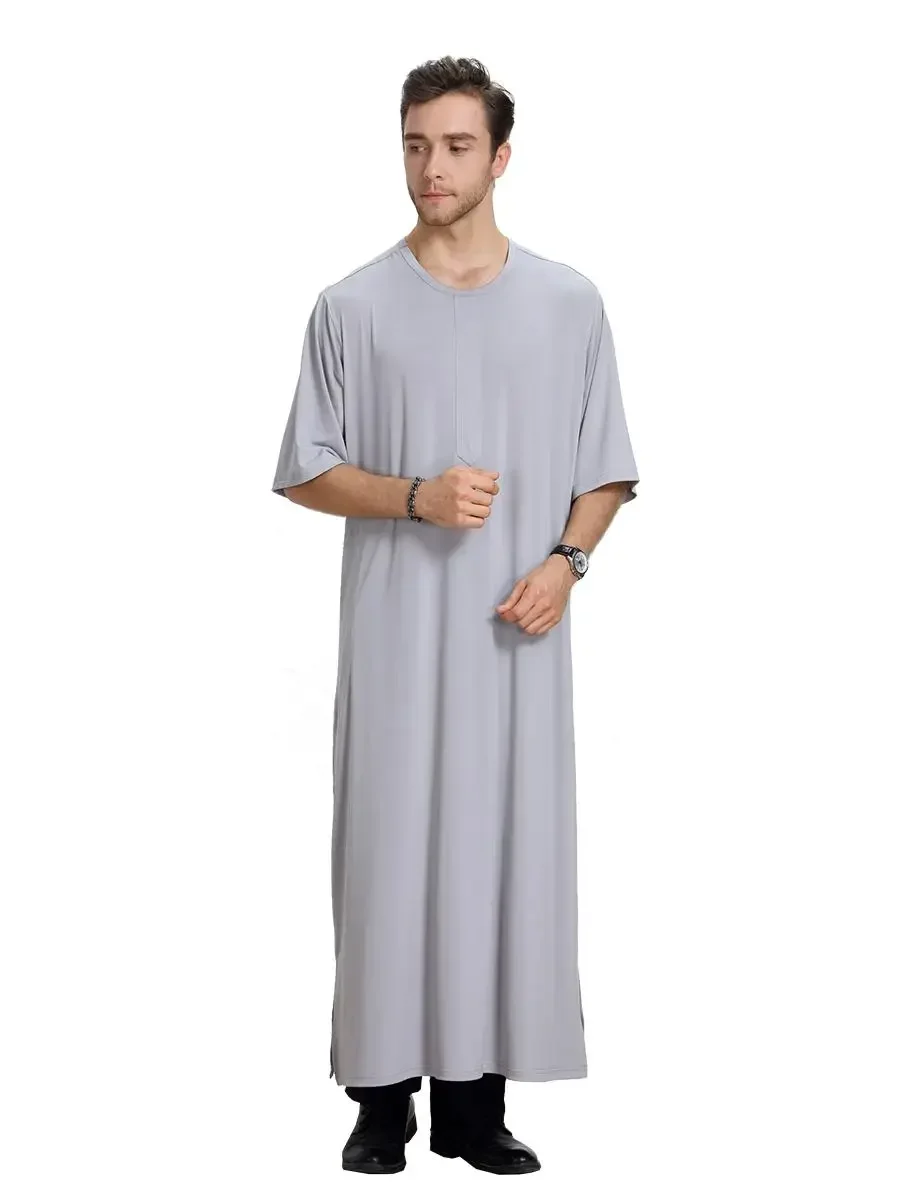 Mens Saudi Thobe Robe Short Sleeve Abaya Saudi Dishdasha Arabic Kaftan Dress Summer Dubai Ramadan Turkey Middle East Clothing Ne