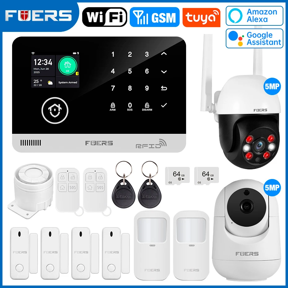FUERS Alarmsysteem voor thuis WIFI GSM Beveiligingsalarm Host Ant-diefstal met deurbewegingssensor Tuya Smart App-bediening werk Alexa