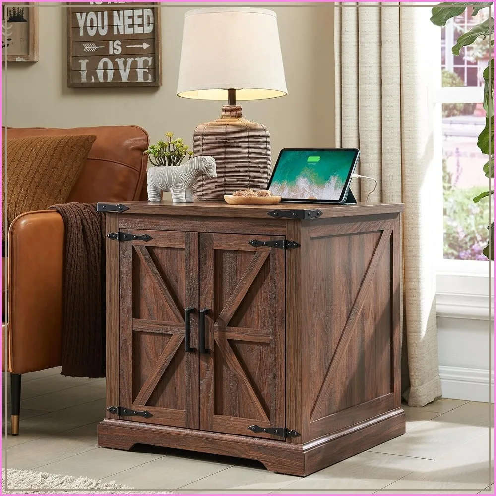 Barnyatoh Farmhouse End Table with Charging Station, 24 Inch Large Nightstand