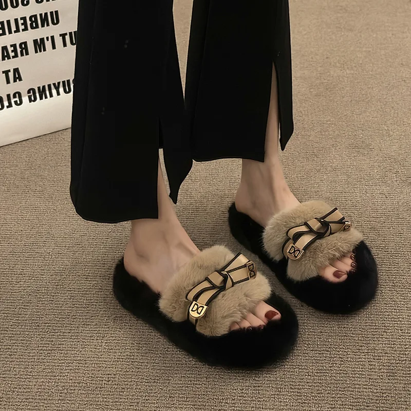 

2024 Autumn and Winter Hot Selling New Black Fluffy Slippers Women Wear High-grade Thick Sole Increase Cotton Slippers Woman