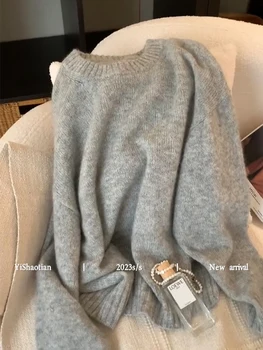 เสื้อถักกันหนาวผ้าแคชเมียร์สำหรับผู้หญิง2023เสื้อถักแบบสวมหัวแขนยาวเสื้อทรงหลวมผ้าฝ้ายสีเทา MODE Korea ฤดูใบไม้ร่วงฤดูหนาว