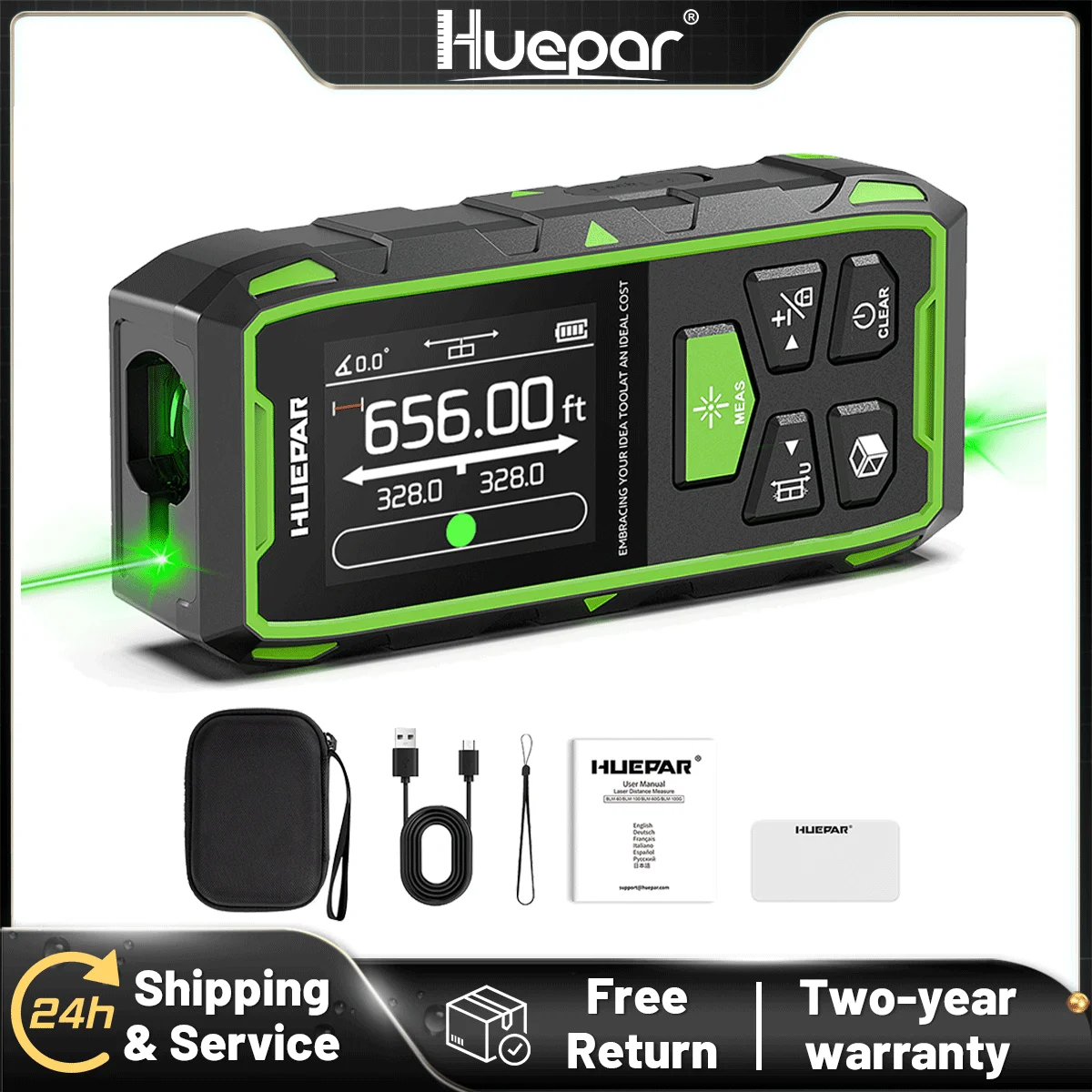 Huepar Dual-Laser-Entfernungsmesser Grüner Strahl BLM-120M/200M Laser-Messgerät Mehrere Einheiten Laser-Messwerkzeug Mit LCD-Hintergrundbeleuchtung