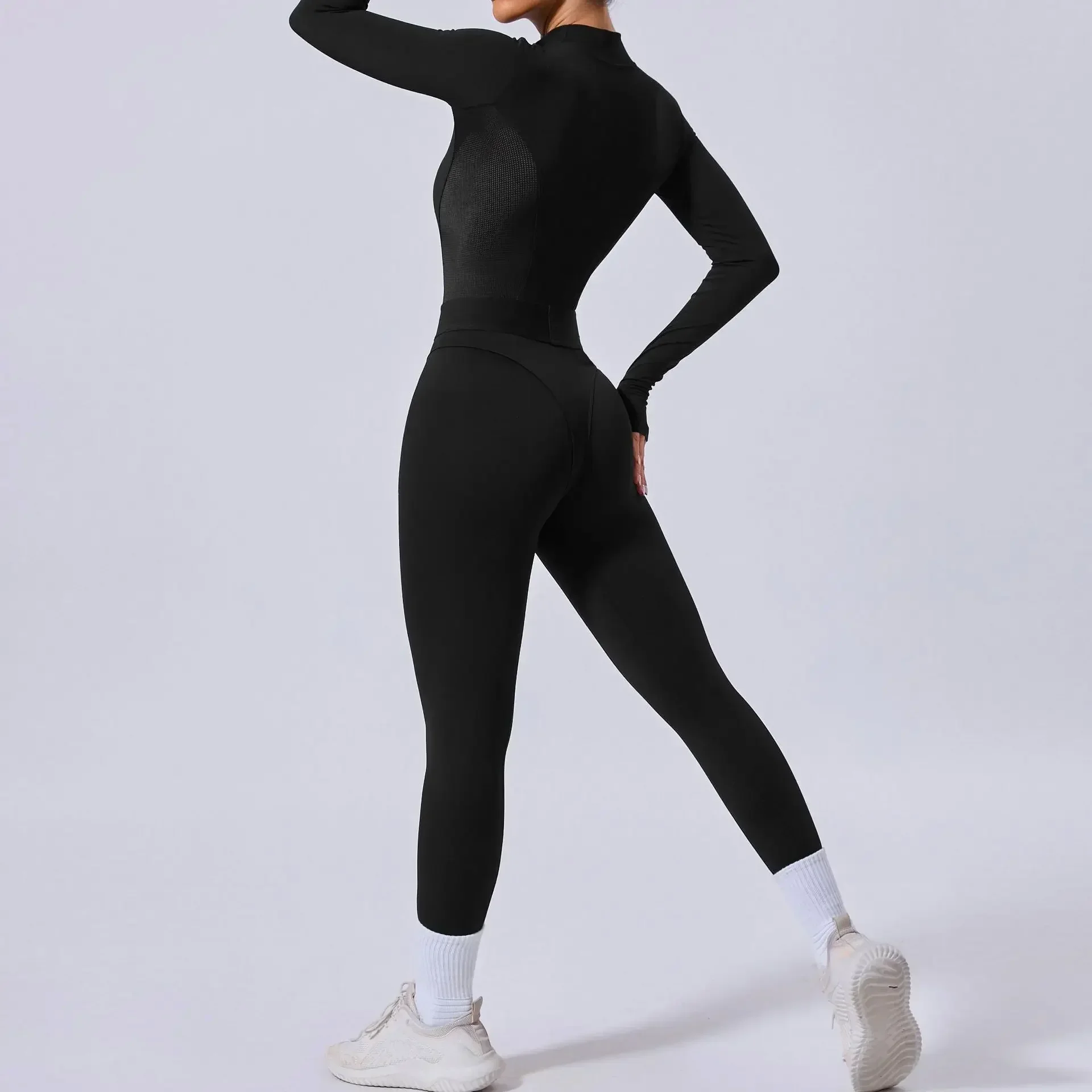 Mode Mesh Gespleißt Bodycon Sport Overall Frauen Ein Stück Outfit Gym Workout Kleidung Lange Sleeve Zipper Fitness Overalls Schwarz