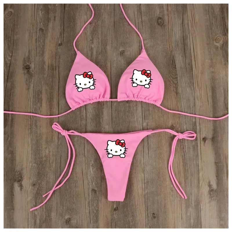 Sanrio-Bikini con cuello Halter para mujer, traje de baño Sexy multicolor, con tirantes divididos, ajustable, Kawaii, HelloKitty, Kuromi My Melody