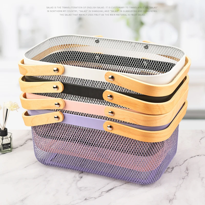 Metal Mesh Steel Basket Mesh Wire Food Storage Organizer with Wooden Handle Rectangle Wire Storage Basket for Kitchen