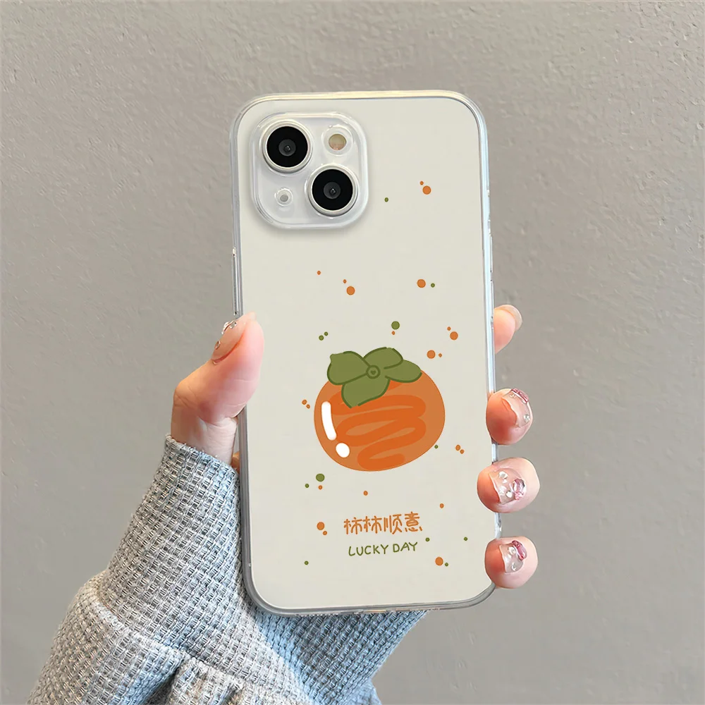 Lucky Persimmon For iphone 13 12 11 14 15 Pro Max XR X 16 Plus Transparent Soft Case Cover