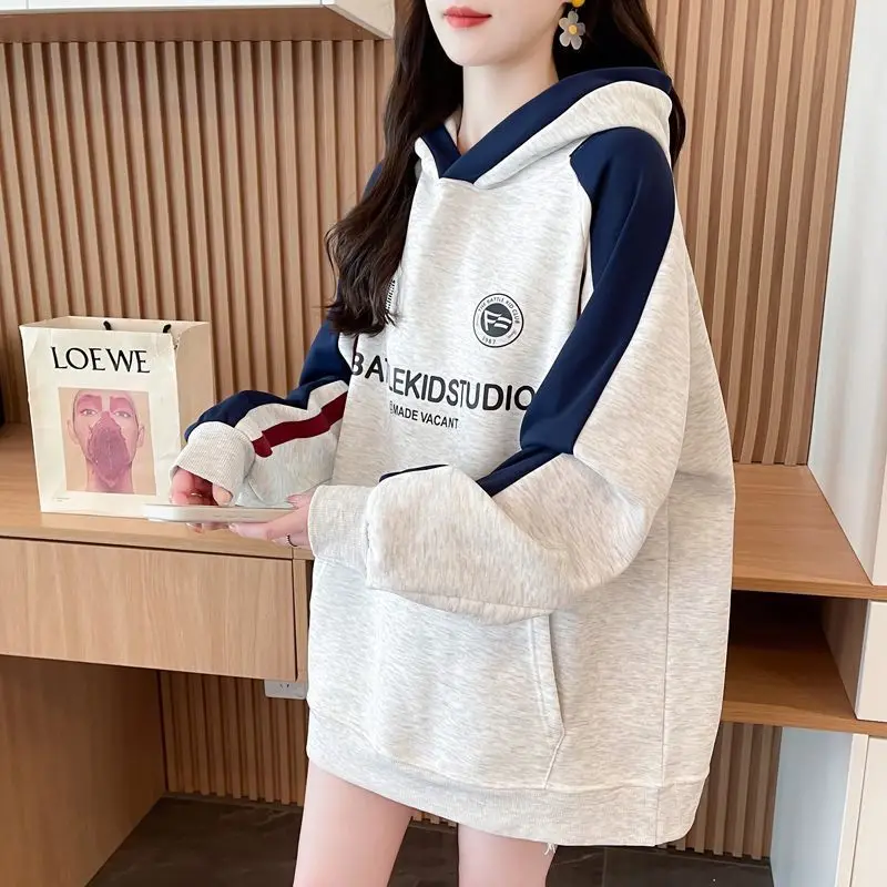 Women Blocking Hooded Sweatshirt Loose Fit Autumn 2025 Oversize Vintage Hip Hop Hoodies Trendy Jacket Thick Top Streetwear Fall