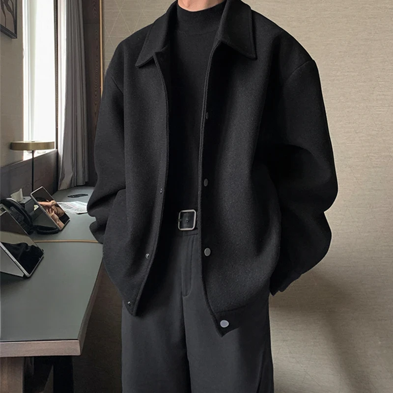 Men's Autumn Winter Korean Style Wool Look Jacket, Solid Color Notched Collar Single Breasted Loose Fit Casual Daily Outerwear