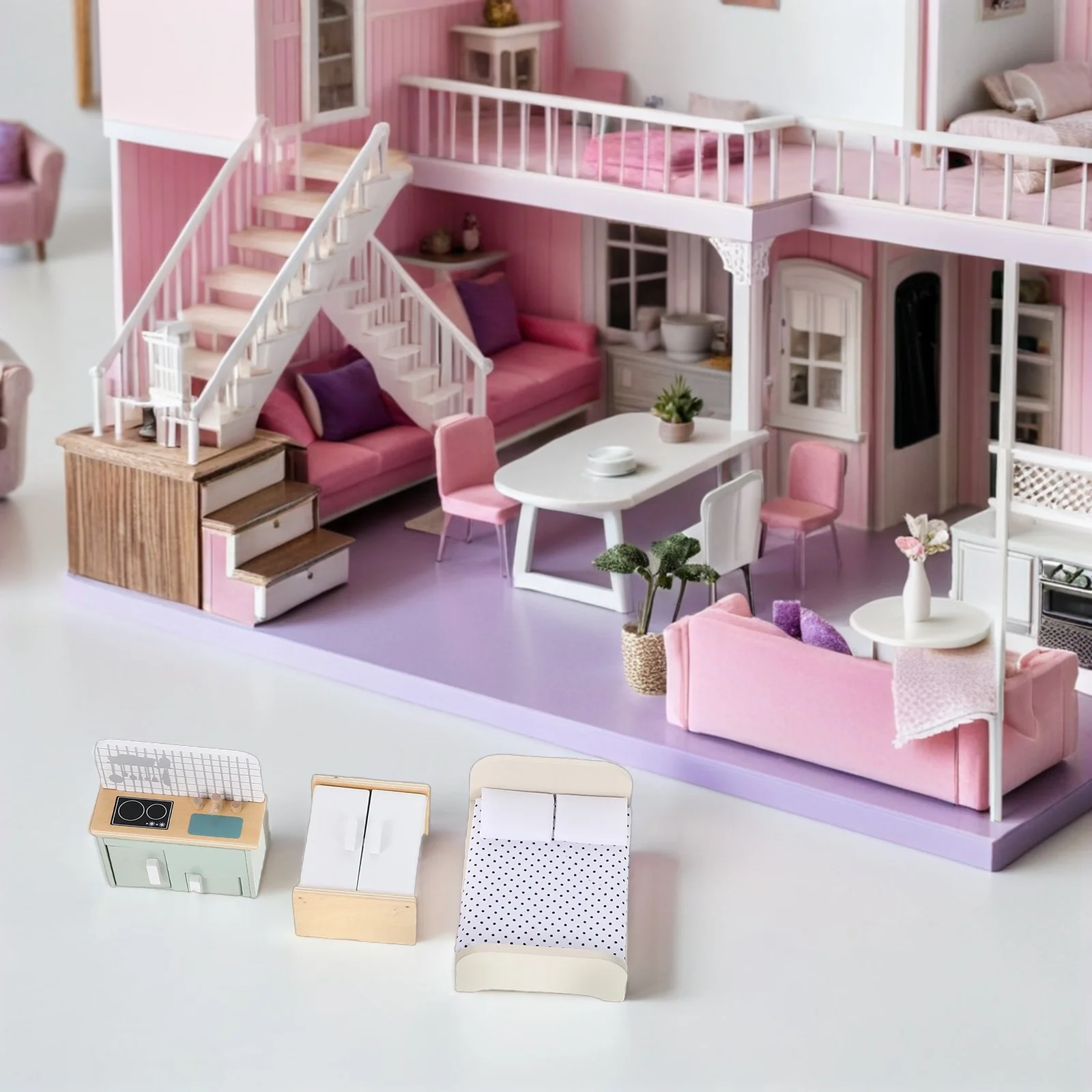 Houten miniatuur meubelset keuken slaapkamer badkamer mini-accessoires fantasiespel voor kinderen kerstverjaardagscadeau
