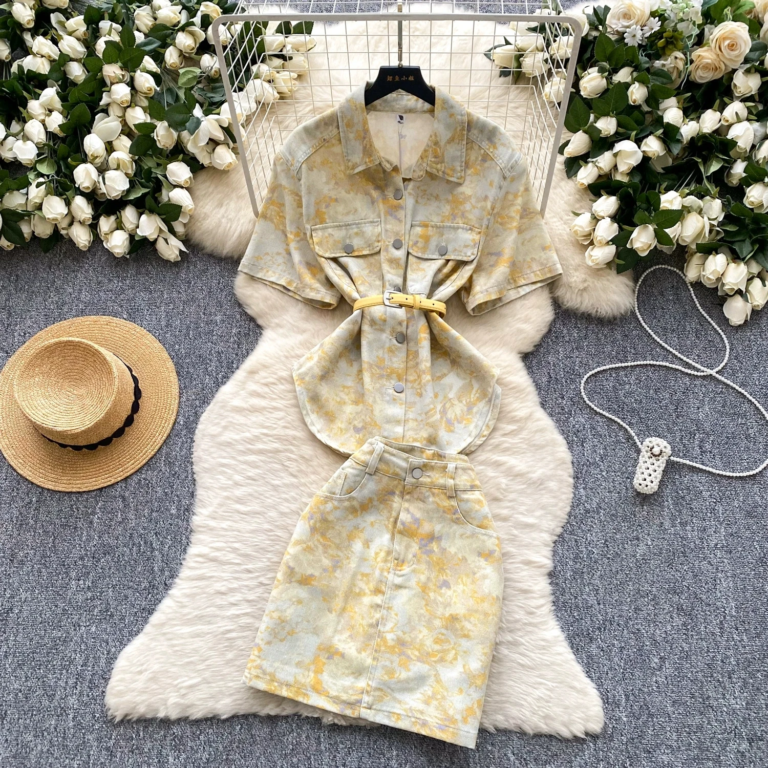 

European-style Vintage Distressed Print Set For Women Summer Belts Denim Shirt + High-waisted Slim Mini Skirts