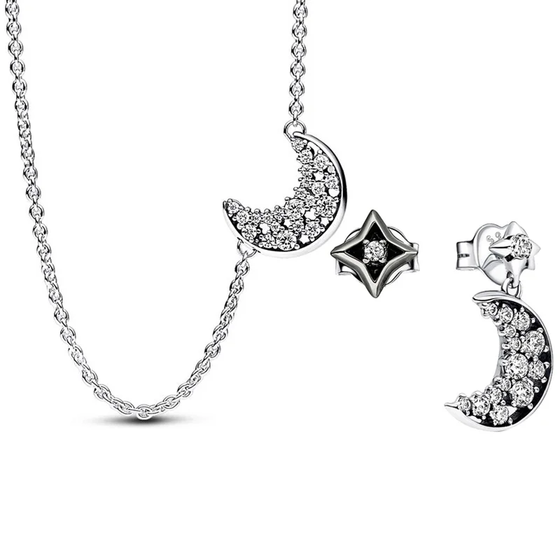 

925 Silver Moon and Star Black Enamel Earrings and Necklace Set with Crystal, Women's Jewelry Gift Set