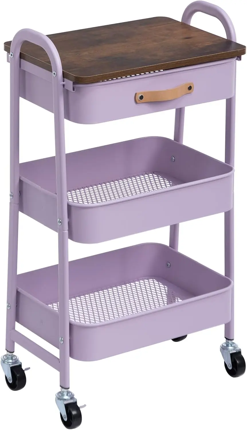 

3-уровневая тележка на колесиках с ящиком и деревянной столешницей, мобильный органайзер для хранения для домашнего офиса, фиолетовый