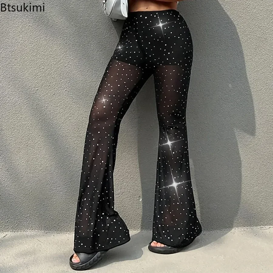 Women's High Waisted Mesh Semi Transparent Casual Pants with Black Sparkling Design Tight Fitting Sweet Sexy Bell Bottom Pants
