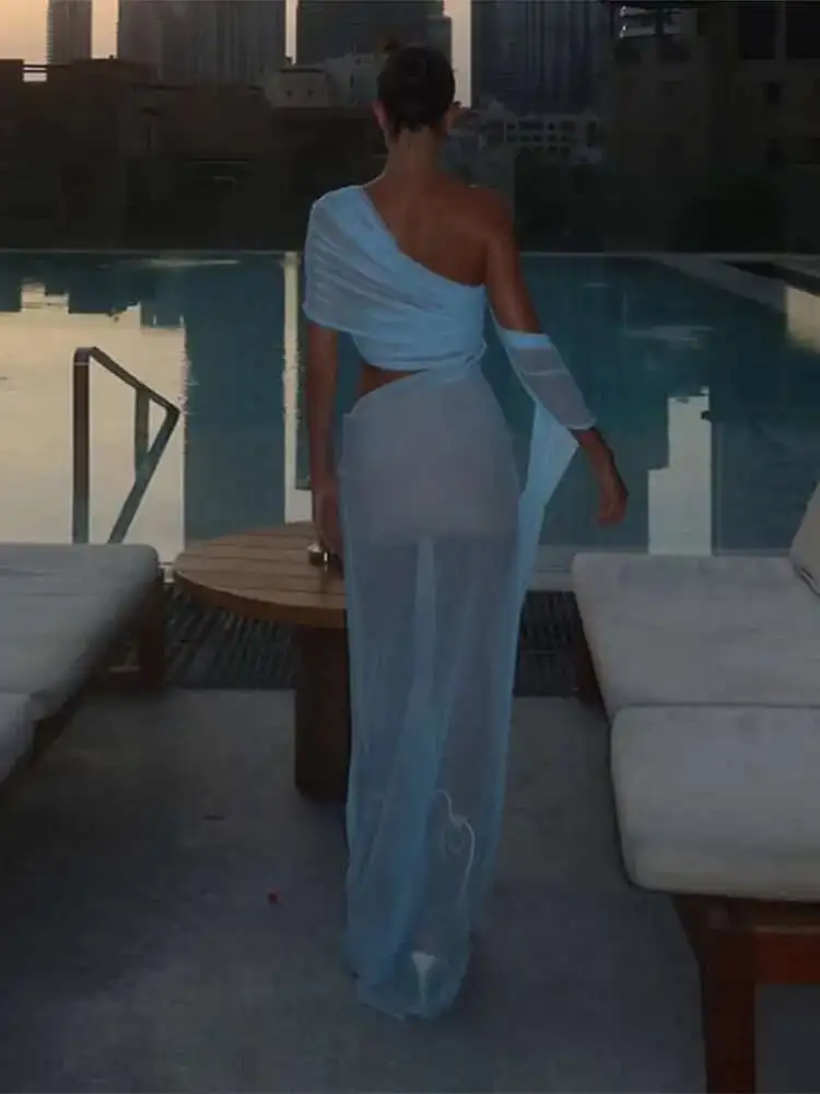 メッシュスキューカラーカットアウトドレス女性背中の開いた Babyoung ノースリーブロングドレスシックなホリデーパーティー夏 A-E 女性ローブ