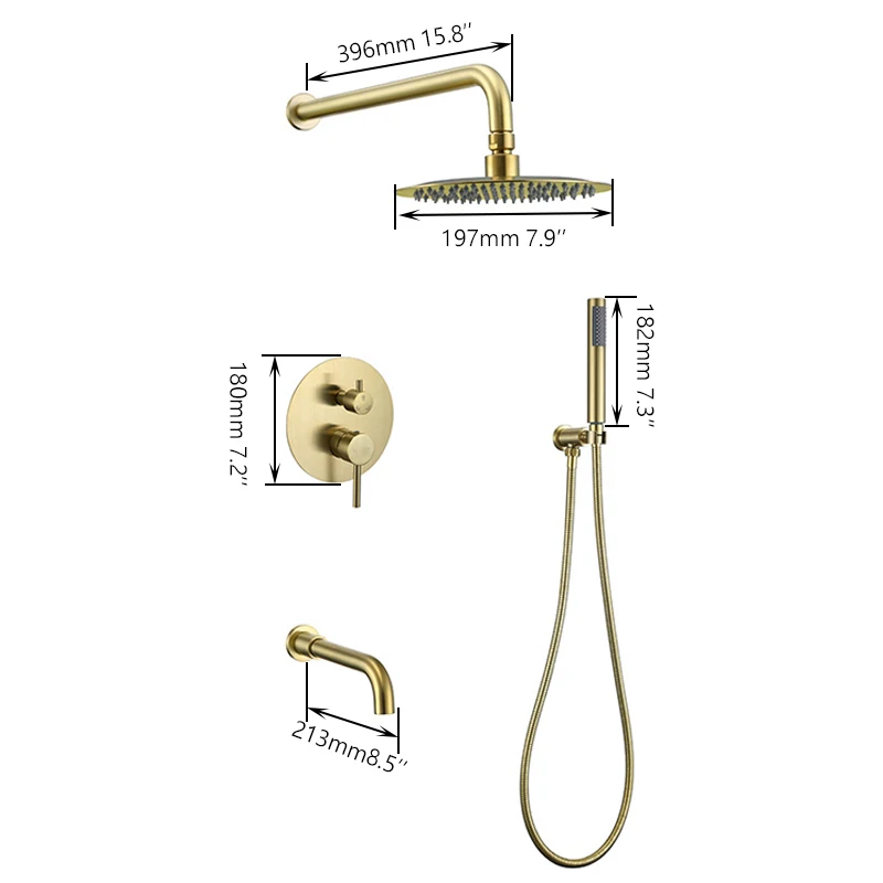 SINLAKU Brushed Gold Shower System Bathroom Luxury Wall Mounted Rainfall 3 Ways Handheld Shower Faucet Set Rough-in Valve