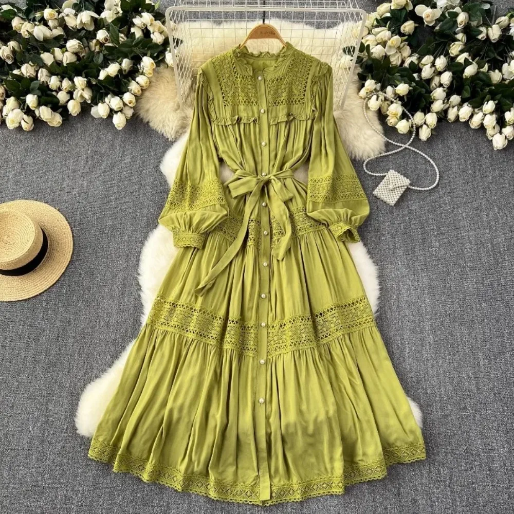Image of Französisch Vintage Elegante spitze PATCHWORK Langarm Verband Kleid A-line Mode Frühling Sommer Vestidos Frauen Kleider
