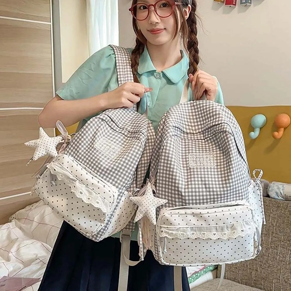 Korean Style Plaid Backpack Ruffle Design Pastel Color Lace Schoolbag Multi Pockets Large Capacity Gingham Daypack