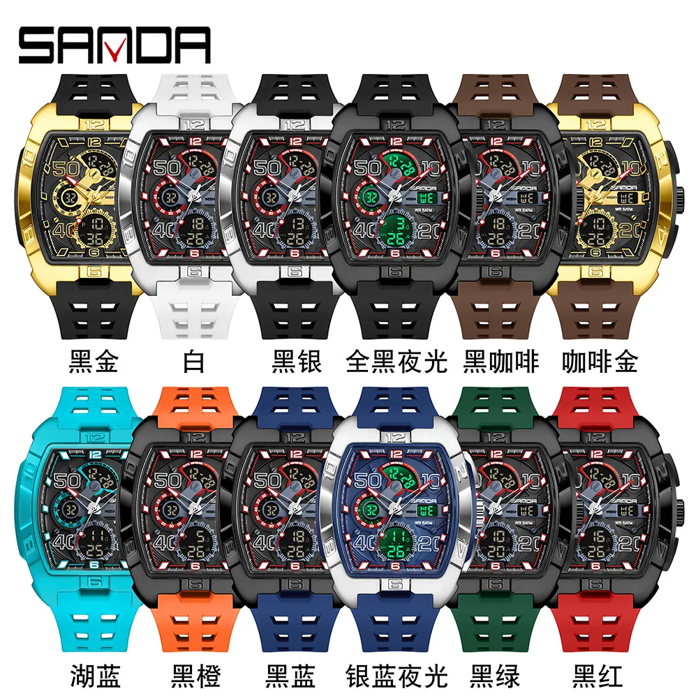 SANDA Fashion Men's Dual Display Sport Digital Watch TPU Large Dial Luminous Chronograph Multi-function Electronic Wristwatch