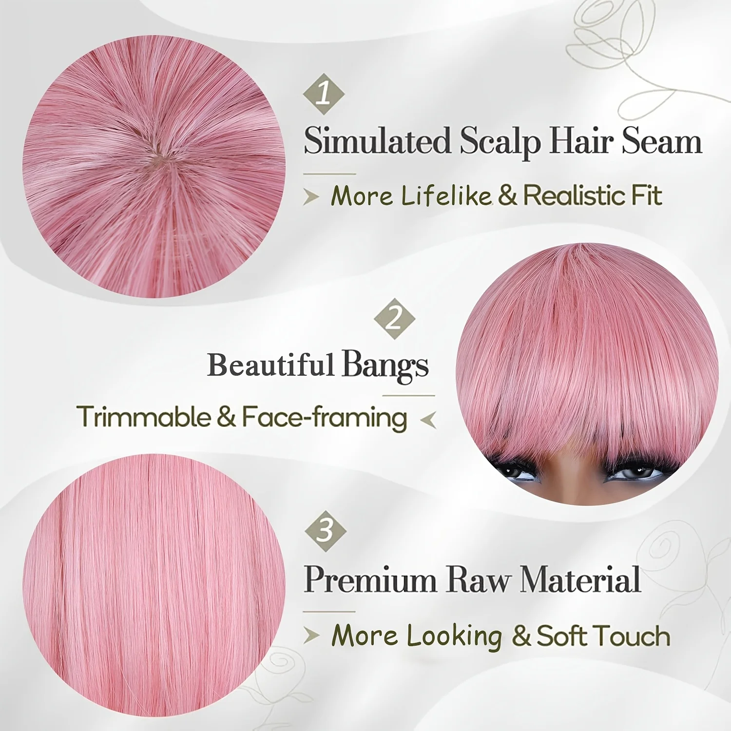 باروكة بوب قصيرة مستقيمة مقاس 14 بوصة باللون الوردي الزاهي مع غرة - باروكة صناعية مقاومة للحرارة، قبعة شبكية وردية للحفلات التنكرية اليومية للنساء #2