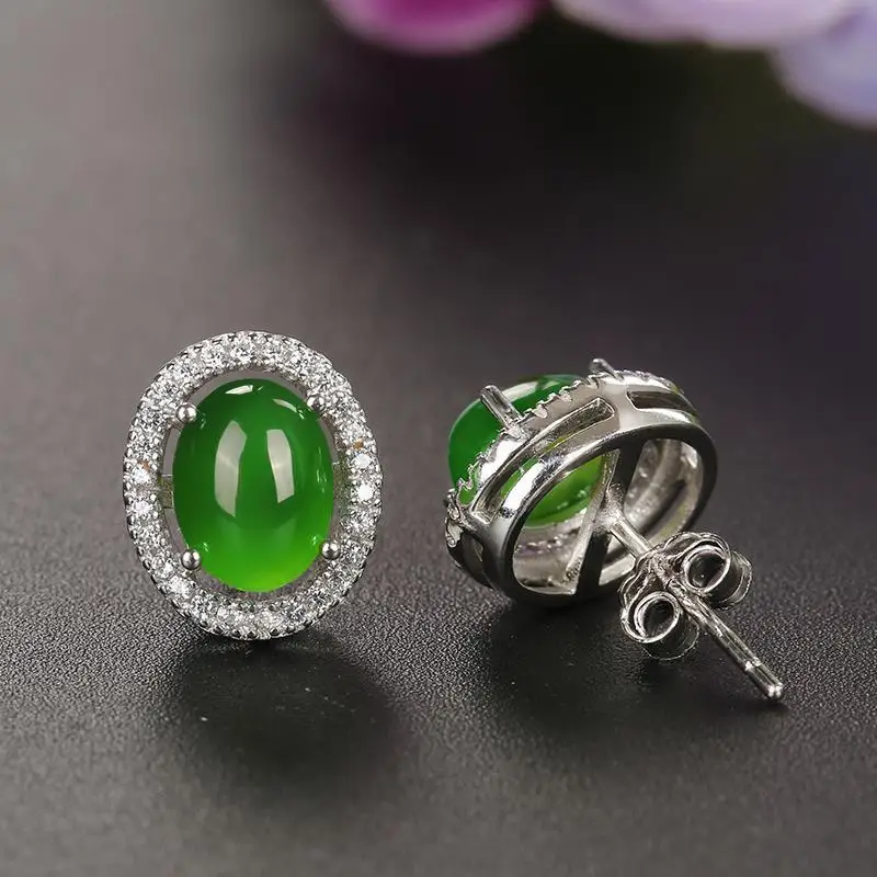 

Genuine Hetian Jade Earrings for Women, S925 Sterling Silver Inlaid with Natural Chalcedony, Emerald, and Cat's Eye, Simple Desi