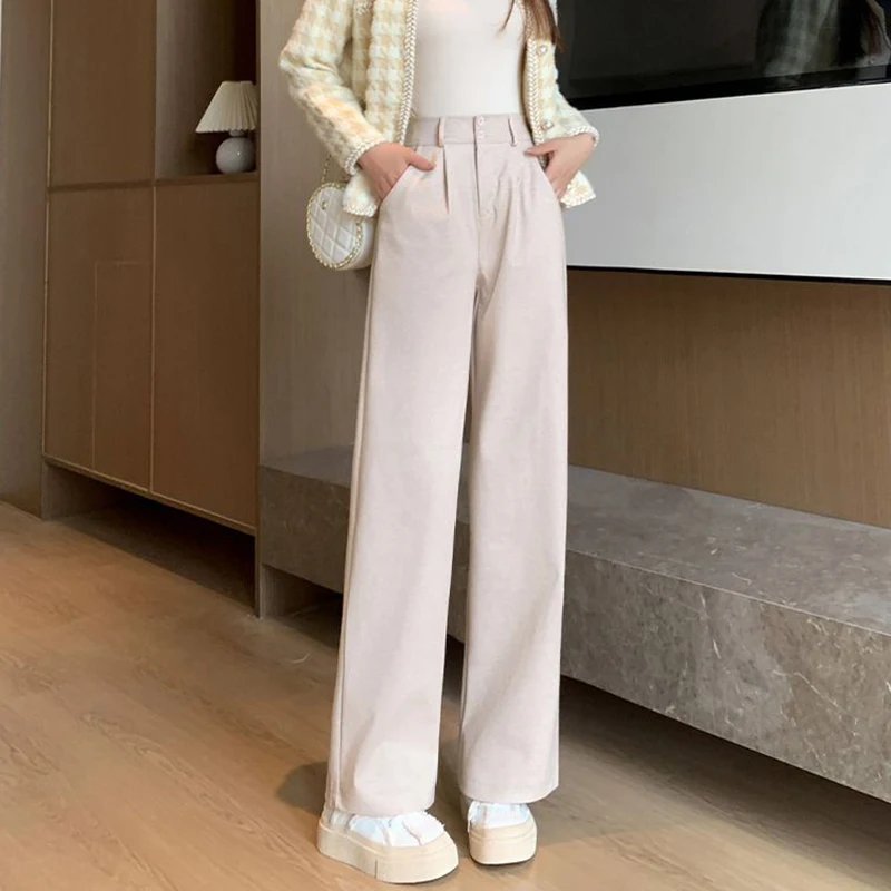 Jesienno-zimowe damskie spodnie z wysokim stanem, wełniane, wygodne spodnie z prostymi nogawkami dla dziewcząt, klasyczne modne grube spodnie damskie.