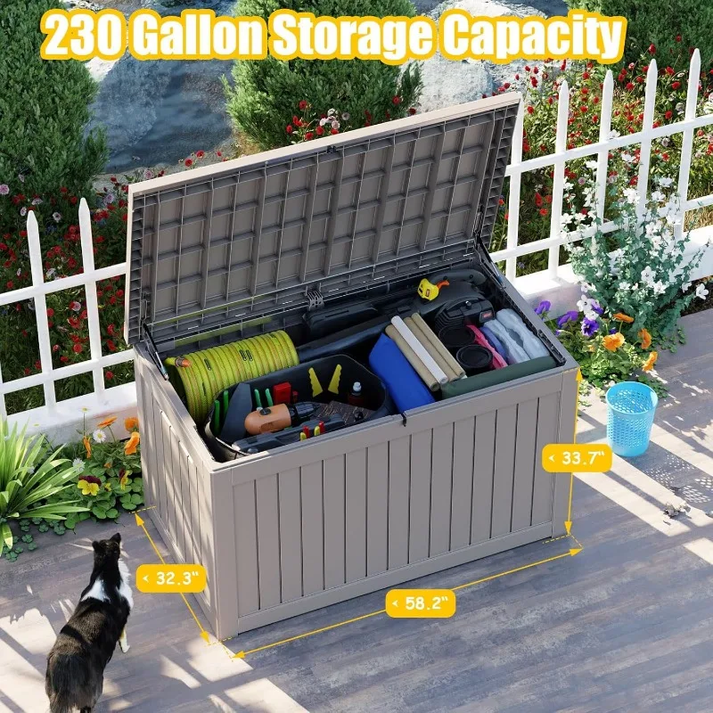 230 Gallon Resin Deck Box, Lockable Outdoor Storage Box for Patio Cushions Storage Furniture,Garden Tools, Pool Supplies,