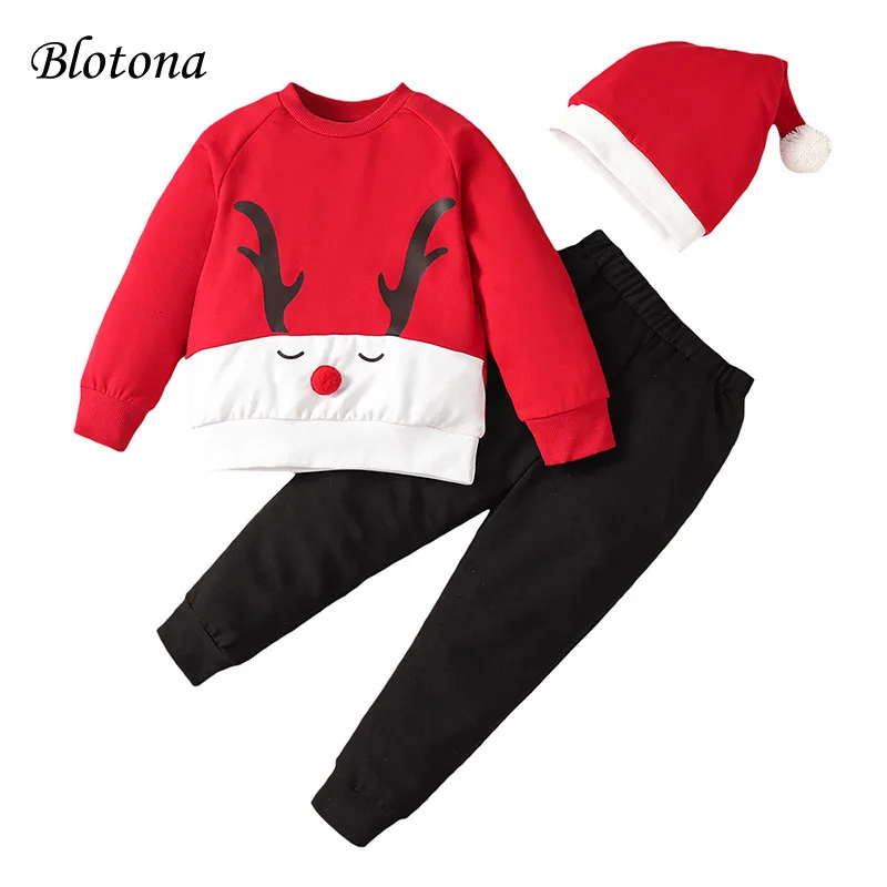 

Blotona Kids 3Pcs Christmas Outfits, Long Sleeve Reindeer Pullover Tops +Black Elastic Waist Pants +Santa Claus Hat Set 4-7Years