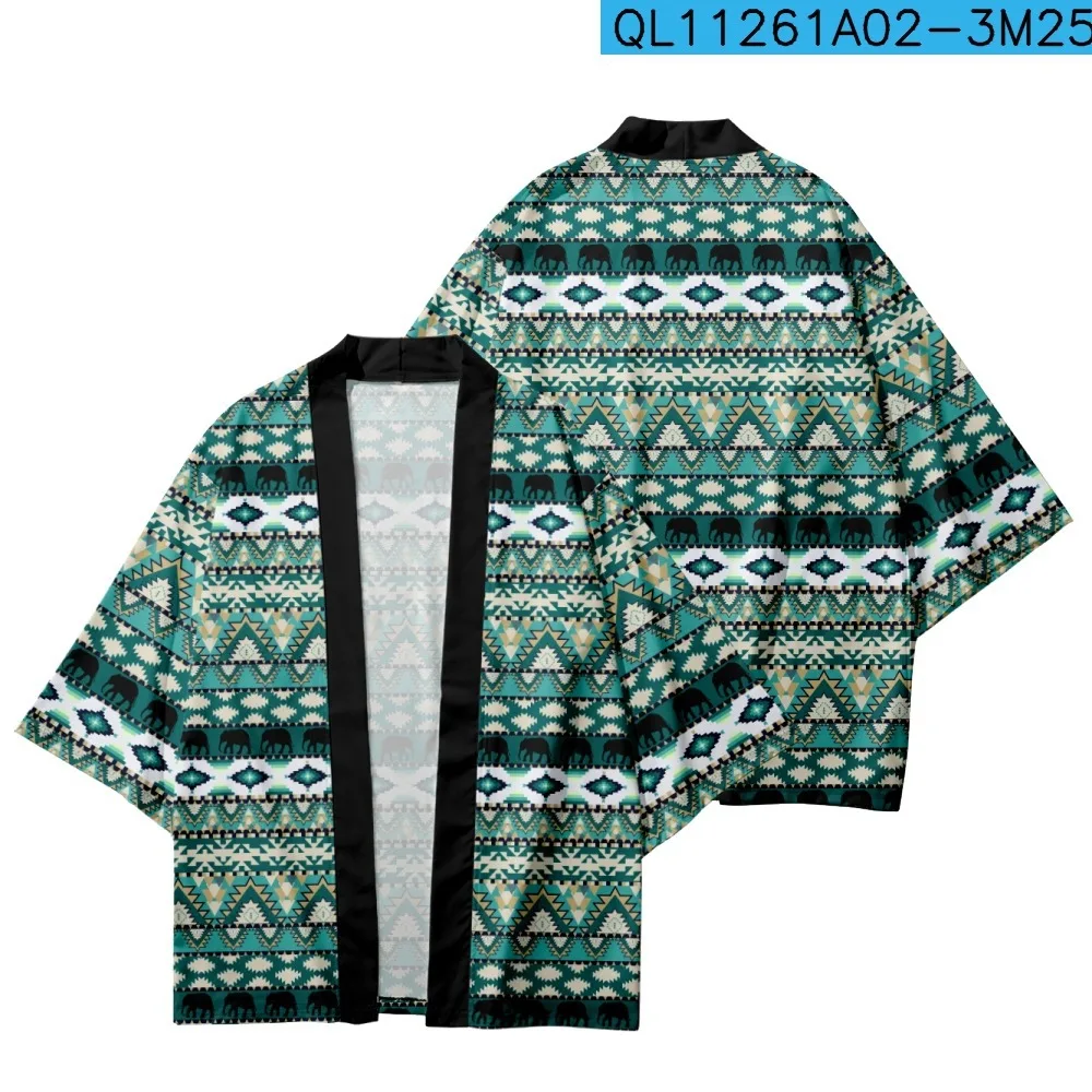 

Striped Geometric Patterns Printed Loose Japanese Kimono Streetwear Cardigan Robe Summer Women Men Haori Top Yukata