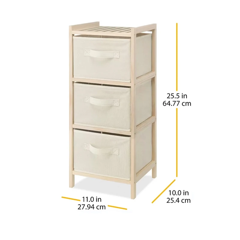 

Modern 3-Tier Fabric Bin Storage Cabinet Eco-Friendly Natural Pine Wood Detachable Shees for Packing