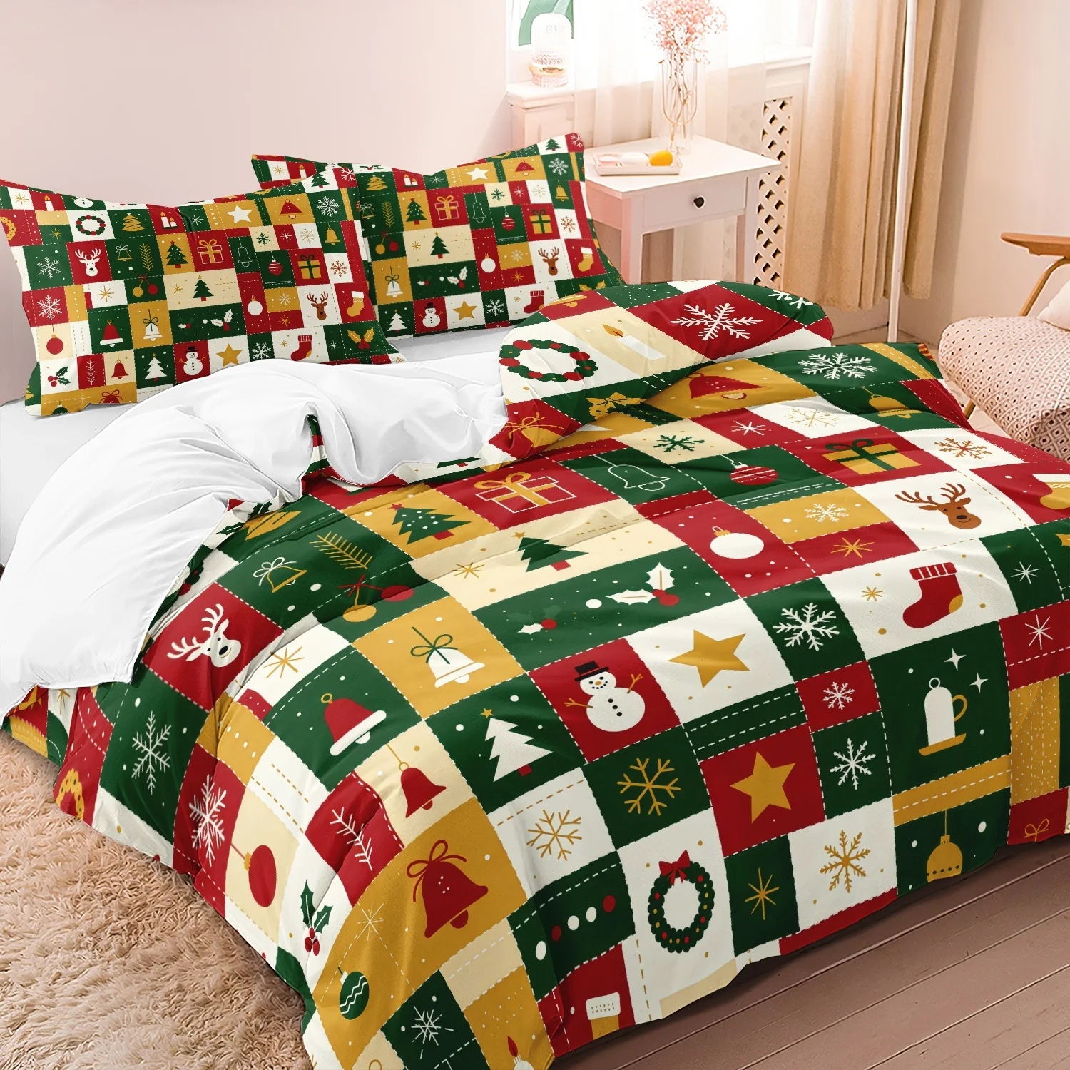 3Pcs Christmas Snowman Reindeer Duvet Cover Set, Geometry Red Green Golden Block Grid Christmas Tree Bells Snowflakes Bedding