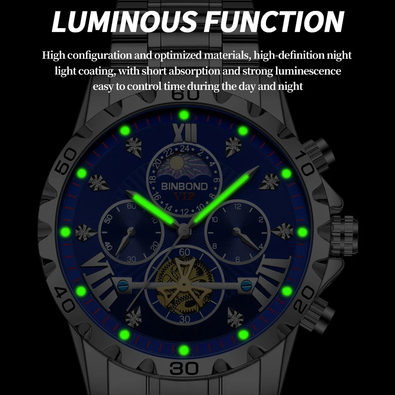 BINBOND Orologio militare di lusso da uomo Orologio sportivo da polso da uomo al quarzo Cronografo luminoso impermeabile Orologi da uomo in acciaio inossidabile