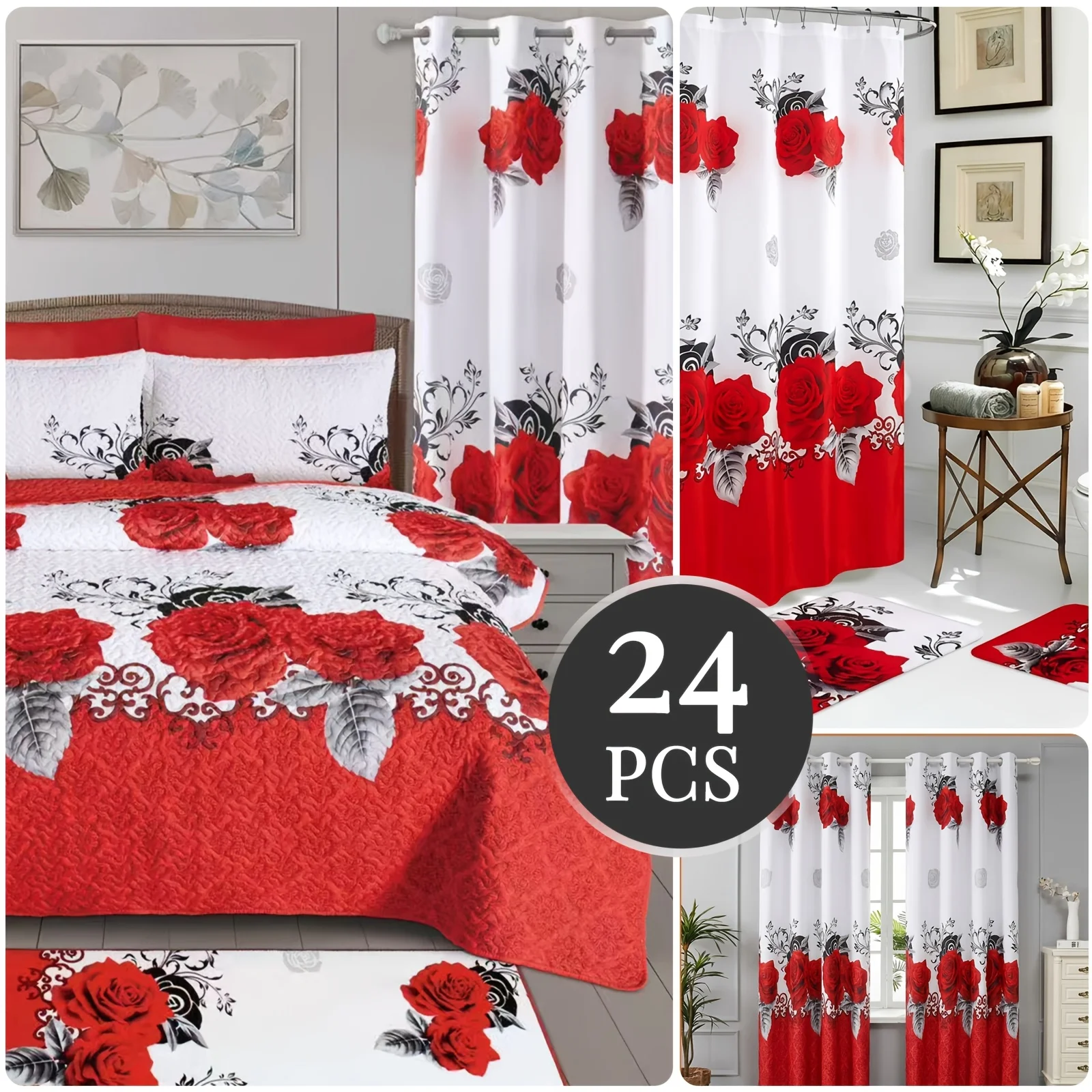 Juego de edredón de 24 piezas tamaño Queen/King, juego completo para dormitorio y baño con cortinas a juego, cortina de ducha, alfombras de baño y alfombra de cama, juego de colchas florales de microfibra suave con rosas blancas y rojas