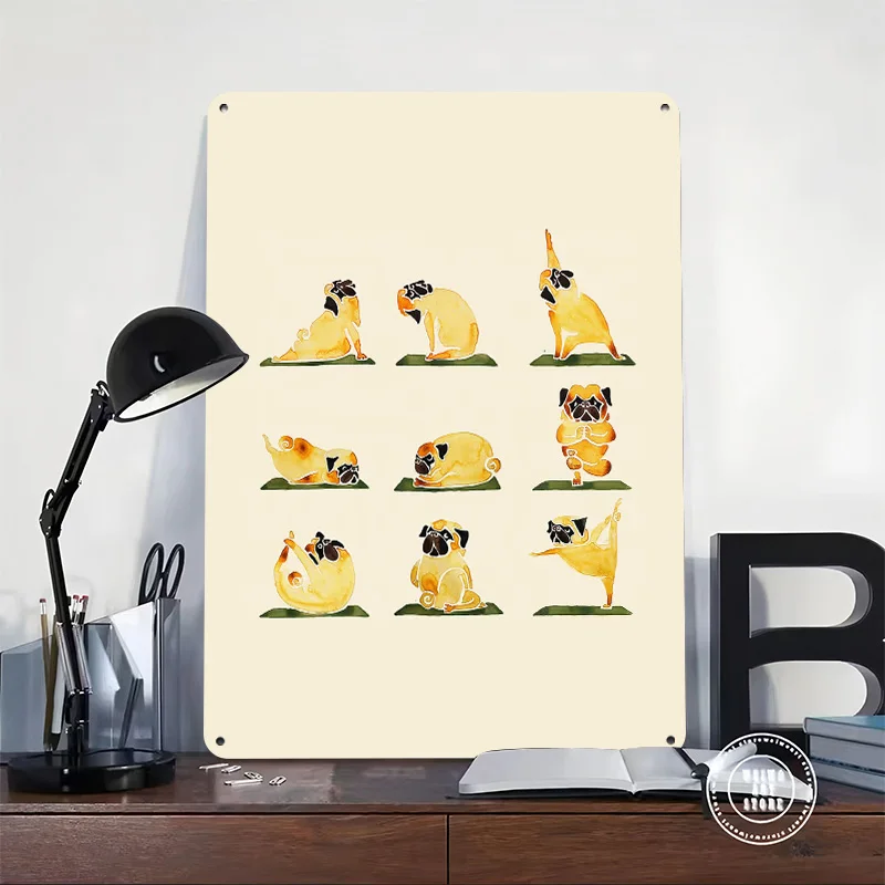 Pug Yoga Watercolor Personalized 3D Textured Metal Poster Wall Art Tinplate Sign for Article Decoration Gaming Bar Accessories