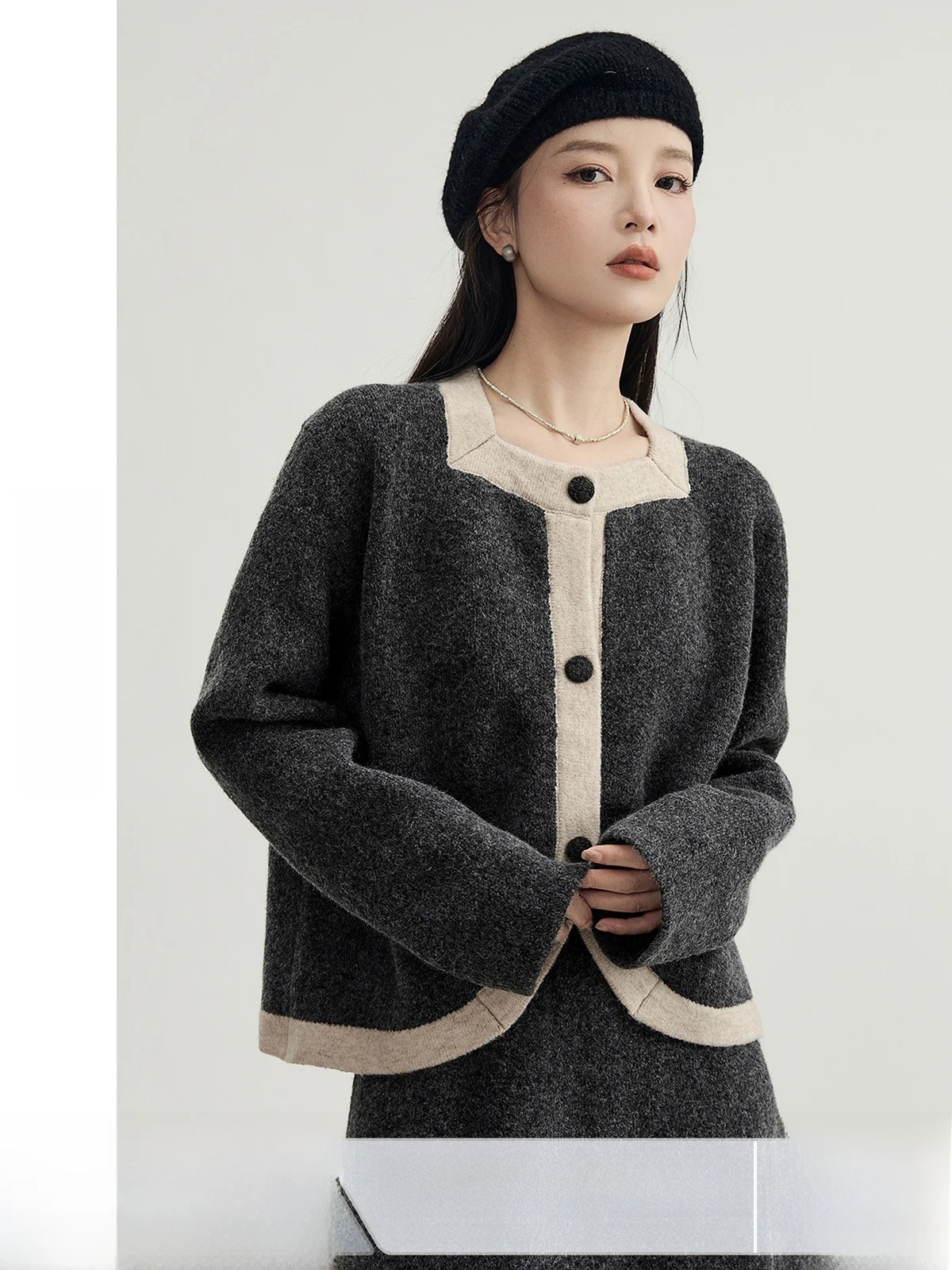 

Guier Color Blo Knitted Open Cardigan Women's Loose Fit Square Ne Slimming Top Spring 2025 New Sle French Sle Long Sl...