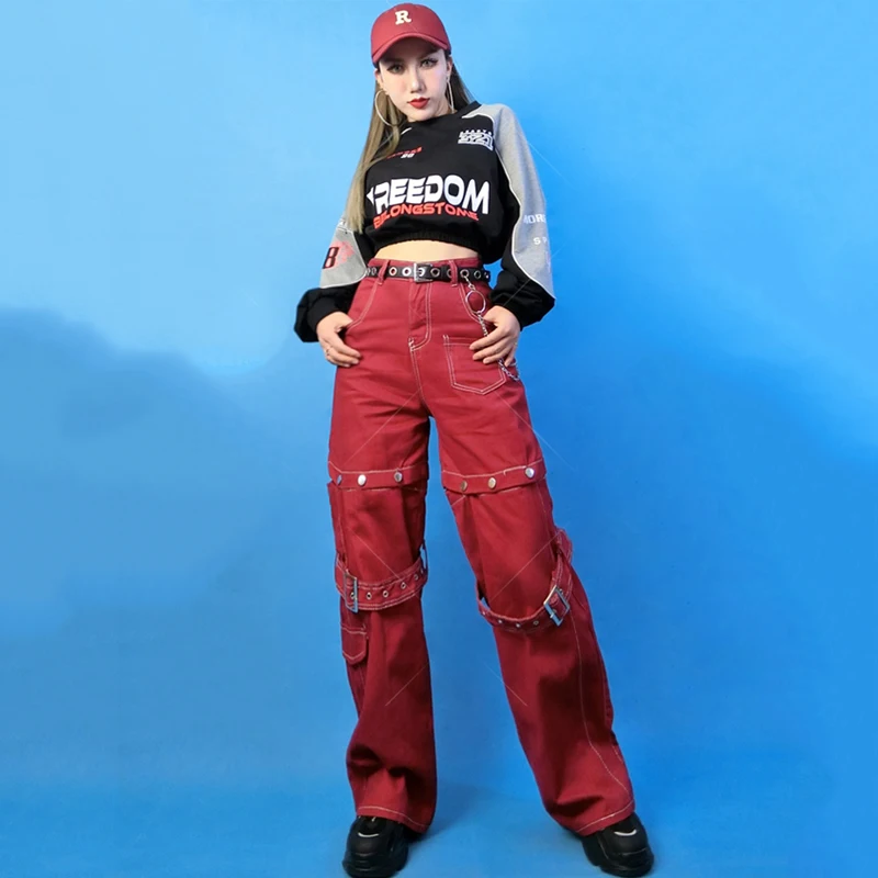 Ladies Kpop Stage Outfits Women Jazz Dance Clothing Long Sleeved Sweatshirt Cargo Pants Ds Dj Hip Hop Dance Costumes SL9703