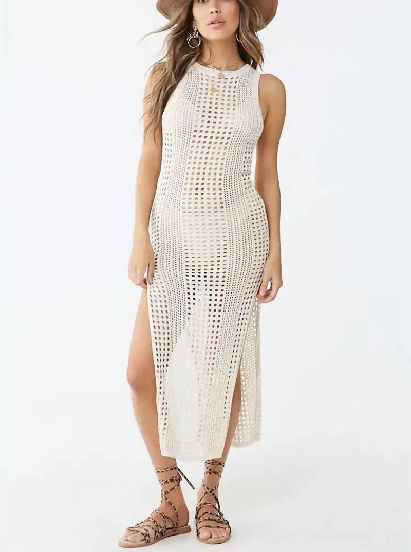 

Women's Sexy Sleeveless High Slit Long Knit Dress Beach Crochet Bikini Cover-Up Summer Hollow out Swimsuit Robe