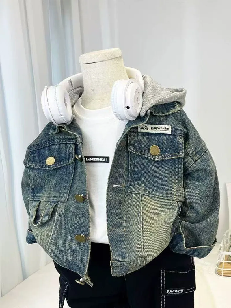 

Baby Boy Denim Jacket Spring and Autumn New Style Children's Handsome Hooded Coat Jeans Kids Top