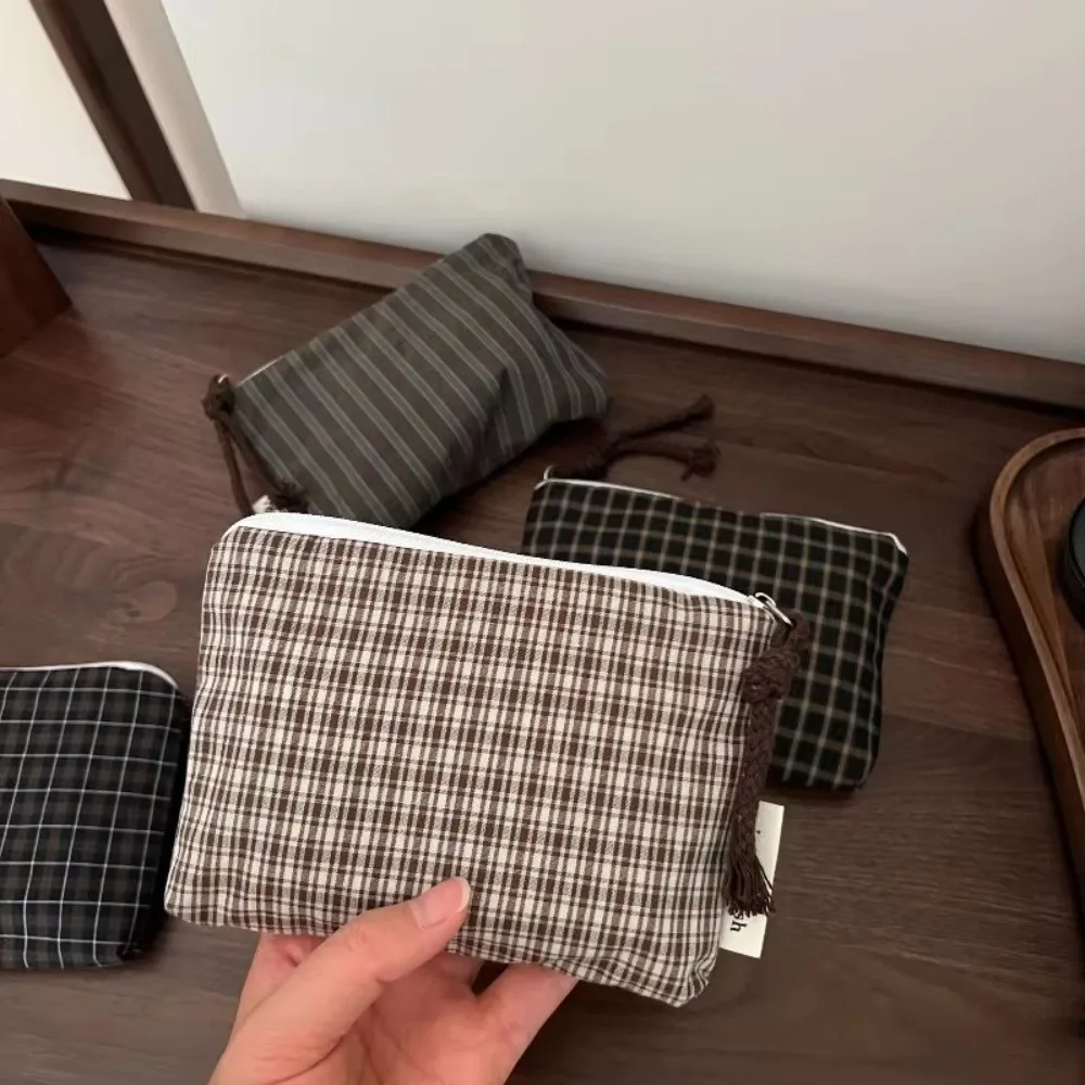 Fashion Vintage Plaid Pattern Coin Purse Korean Style Zipper Mini Zipper Pouch Cotton Storage Bag Wallet Makeup Bag