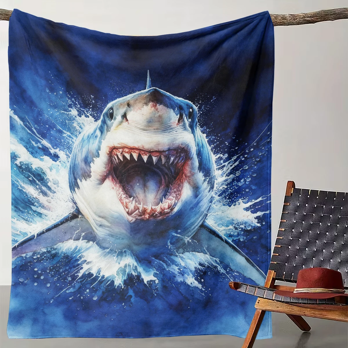 

1 Watercolor Great White Shark Ocean Style Blanket, Trendy and Cool Living Room Decoration Blanket
