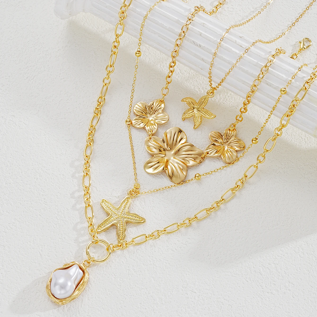 New Flower Starfish Imitation Pearl Pendant Necklaces for Women Fashion Gold Color Multilayer Necklaces Sets Party Jewelry Gifts image 2